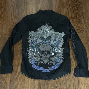 Vtg Ed Hardy Black Shirt Jacket with Skull & Blue Accents shirt M